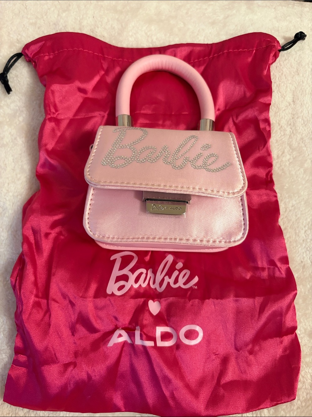 Aldo Pink Satin Barbie Logo Mini Top-Handle Bag